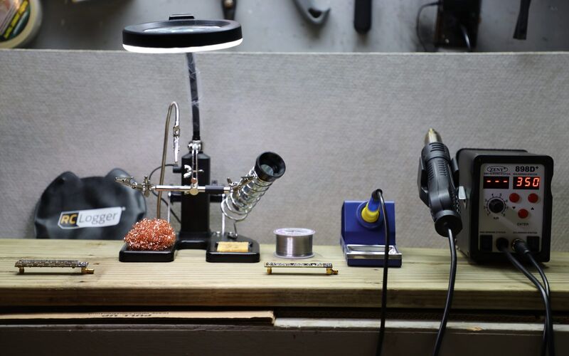 A soldering station set up for assembling the low-noise amplifier.