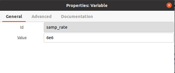 samp_rate Variable block properties: Id samp_rate, Value 6e6