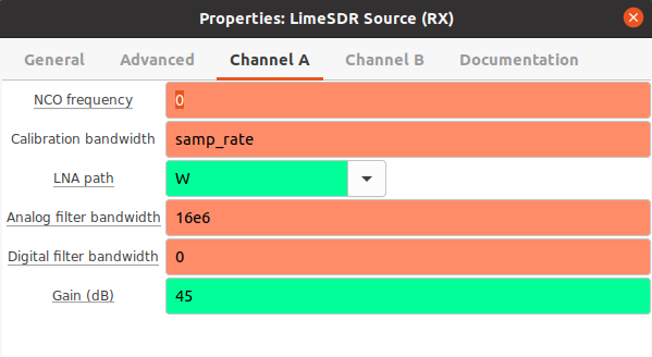 LimeSDR Channel A tab: NCO frequency 0, Calibration bandwidth samp_rate, LNA path W, Analog filter bandwidth 16e6, Digital filter bandwidth 0, Gain 45 dB