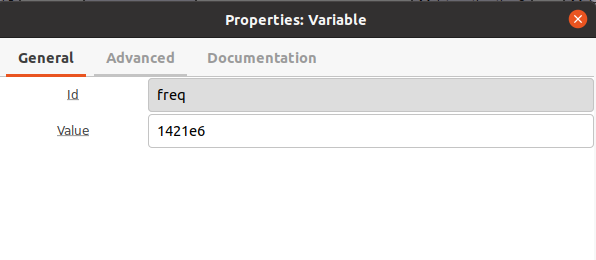 freq Variable block properties: Id freq, Value 1421e6