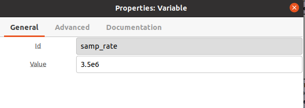 samp_rate Variable block properties: Id samp_rate, Value 3.5e6