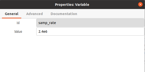 samp_rate Variable block properties: Id samp_rate, Value 2.4e6