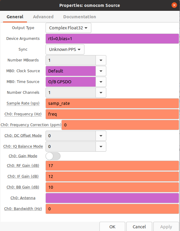 osmocom Source properties: Device Arguments rtl=0,bias=1, Sample Rate samp_rate, Frequency freq, RF/IF/BB gains 17, 12, 10 dB